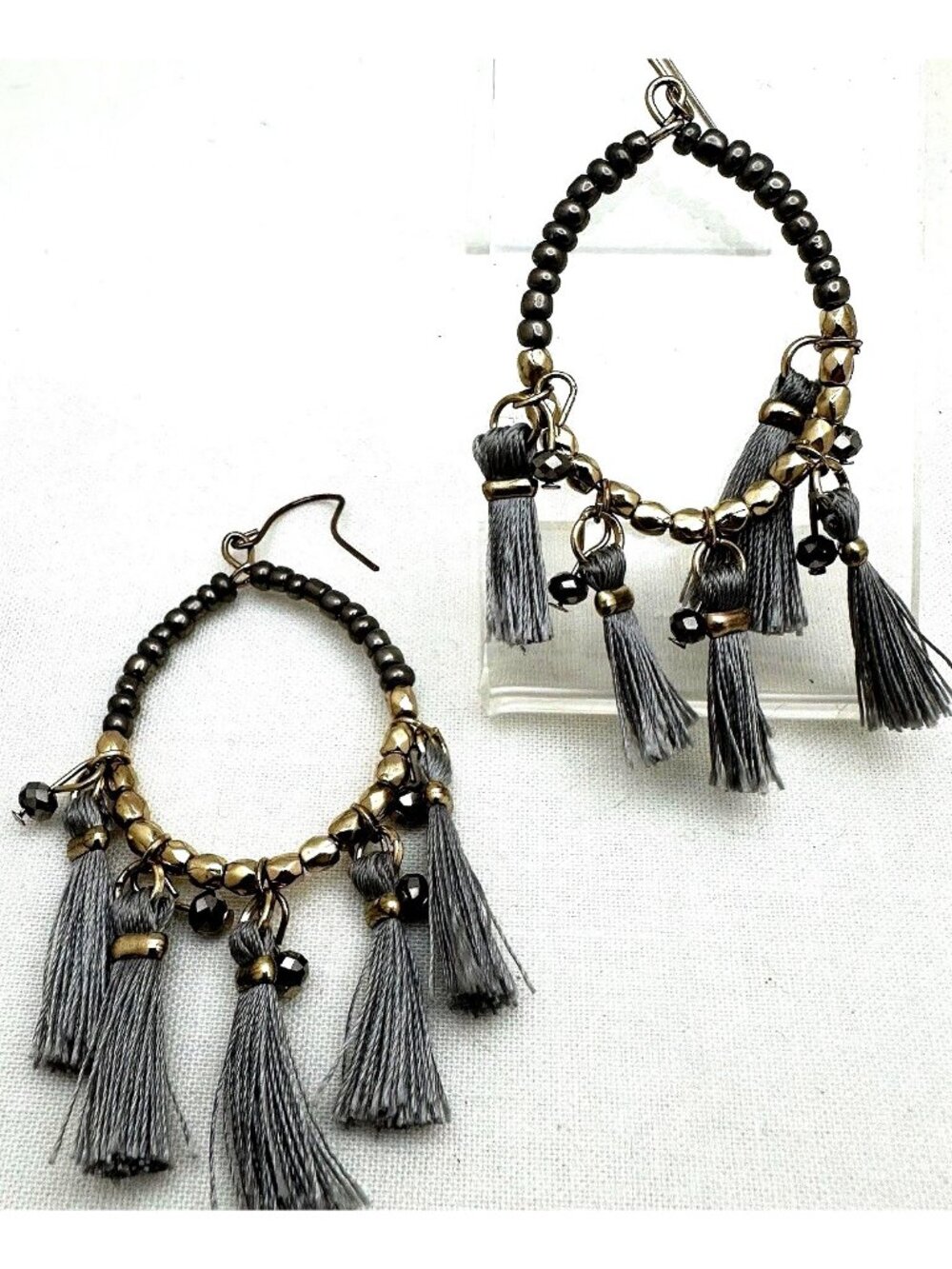 Summer Boho Gray Tassel Hoop Earrings Metallic Beaded 1.5" Drop Bolly Bold